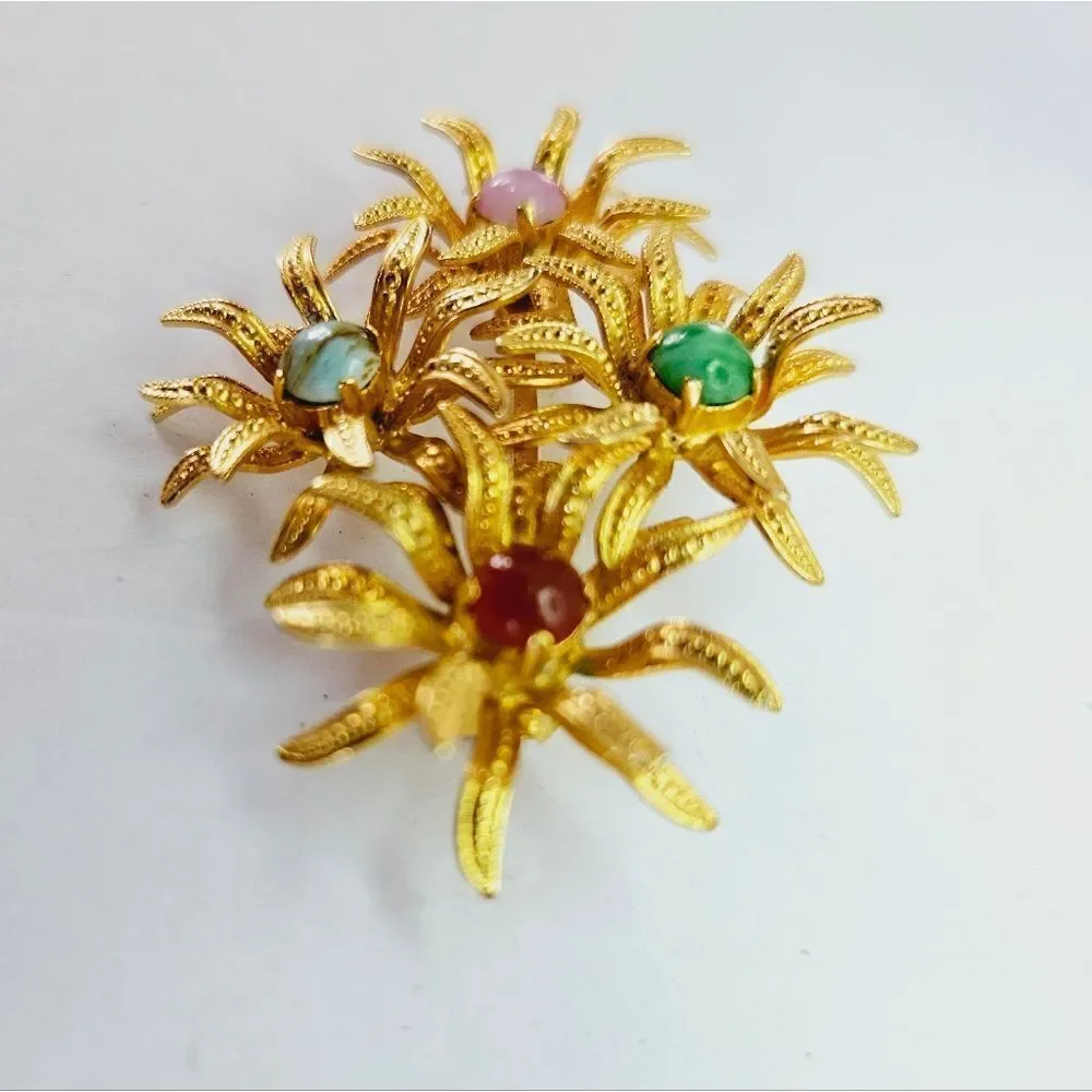 Vintage Signed Austria Gold Tone Prong Set Rhinestone Cabochon Floral Brooch Pin